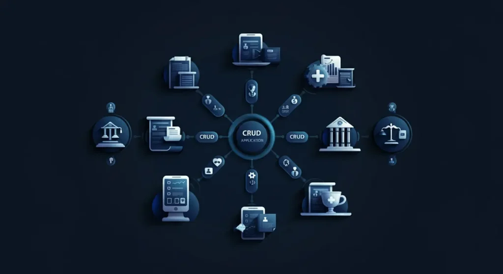 Illustration of CRUD app powering law firms, businesses, healthcare, and education