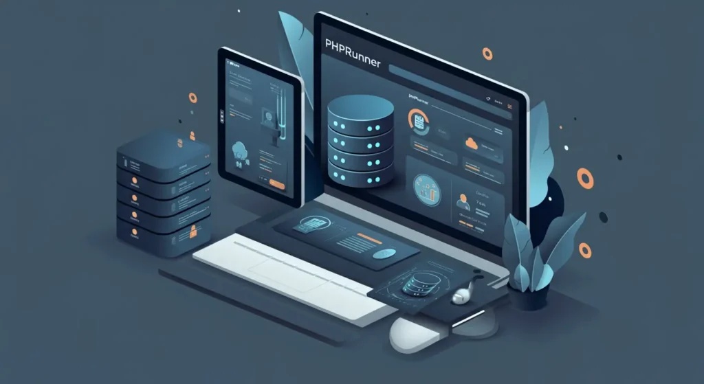 Illustration showing PHPRunner software as a low-code development tool